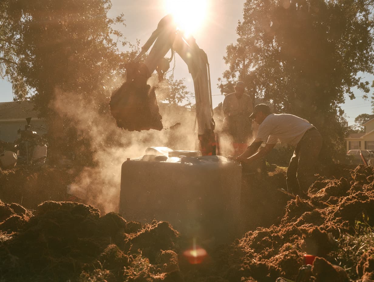 Crew setting a concrete septic tank into an excavated pit with a mini excavator